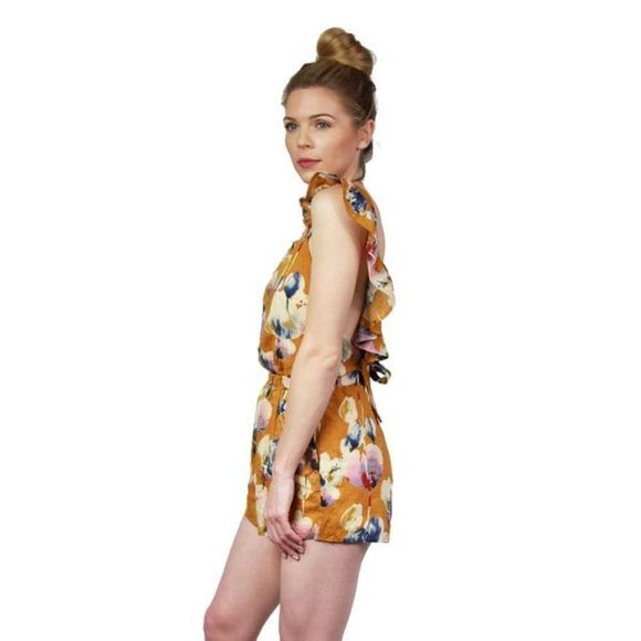 NEW!! LUCCA COILUTURE Khloe Terracotta Gold Floral Romper Size Large Flounce Ruf - Picture 15 of 15